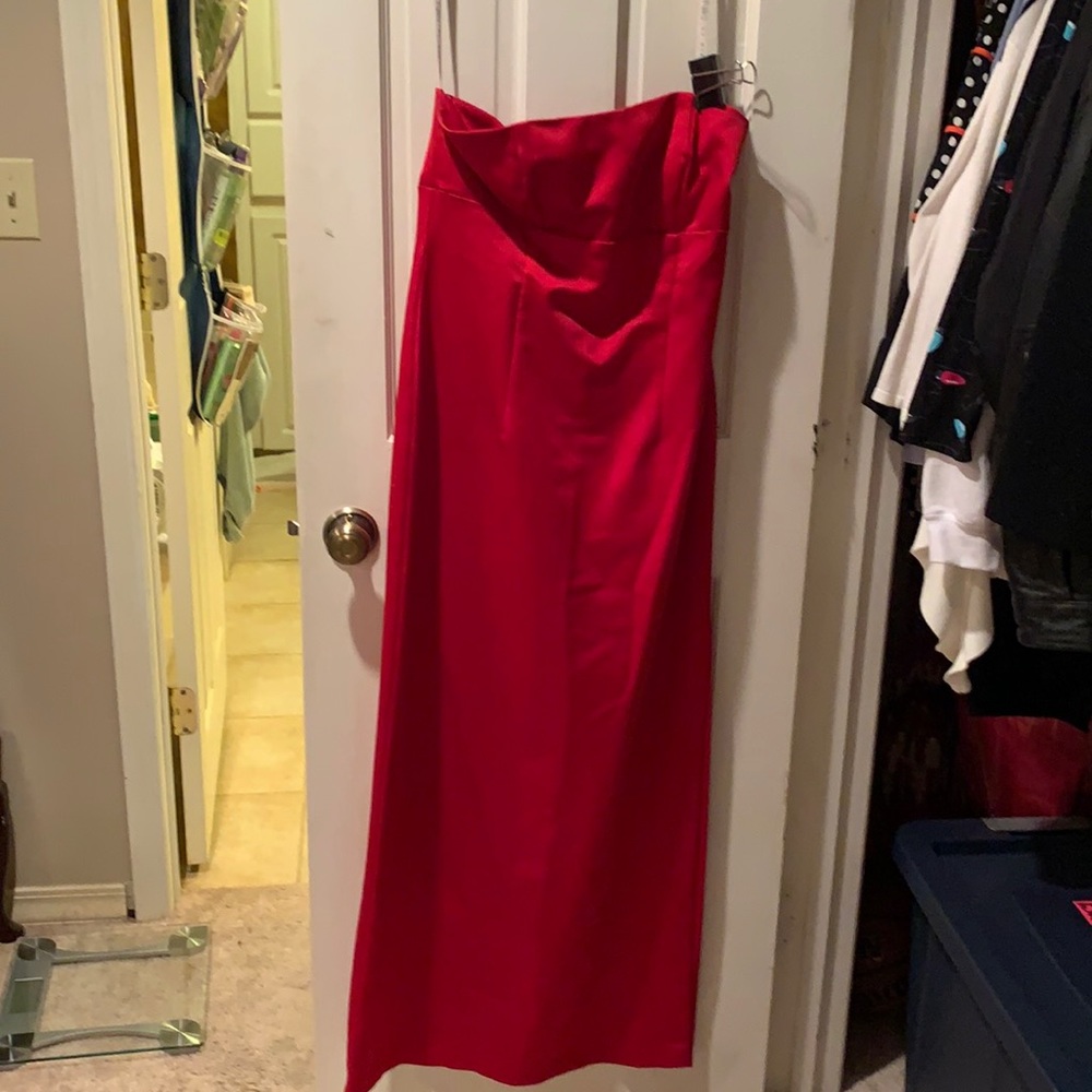 Red strapless floor length dress